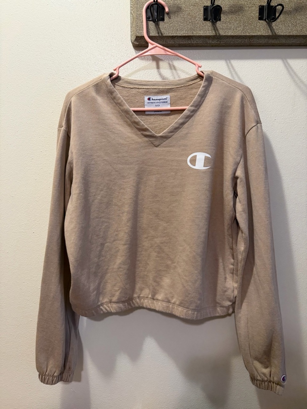 Champion Women's V-Neck Sweater in Tan with White Logo